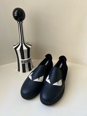 Fendi Navy Blue and White Leather Slip-On Sneakers